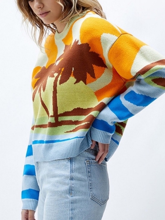 PacSun Sweaters - PacSun Multi-Color V-Neck Palm sunset Print Sweater blue